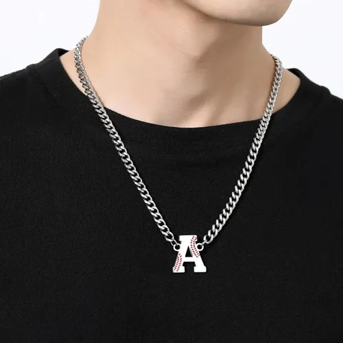 Vista 2 de QINJIEJIE Collar de béisbol inicial A-Z con letras, accesorios deportivos, colgante de encanto de béisbol, joyería de cadena de acero inoxidable 2-P