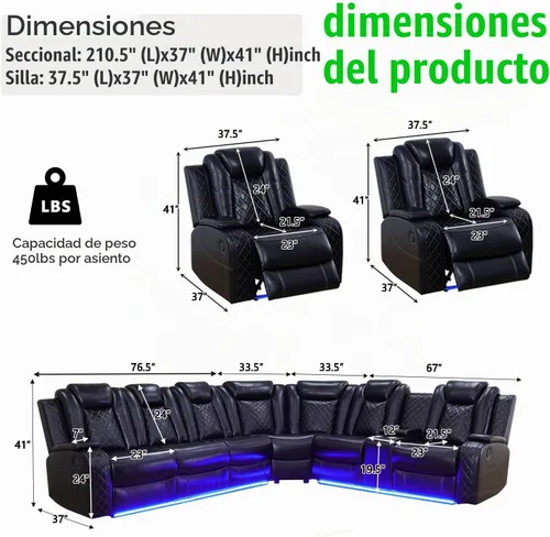 Vista 2 de A Ainehome Juego de sofá modular reclinable eléctrico con luz LED, sofás seccionales de cuero, juegos de muebles de sala de estar, juegos de sofá