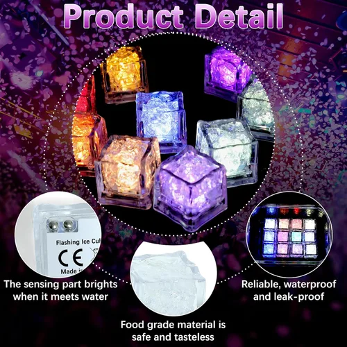 Vista 3 de 12 cubos de hielo iluminados para bebidas, cubitos de hielo LED impermeables, sensor de líquidos, cubos de hielo reutilizables, cubos de hielo que
