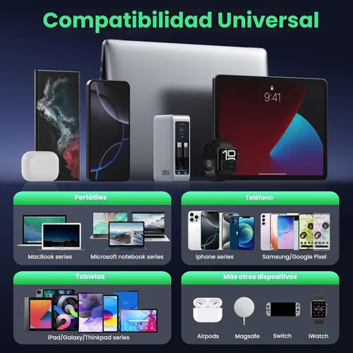 Vista 6 de Bloque de cargador USB C de 120W con 2 cables retráctiles integrados, cargador de pared con enchufe plegable GaN IV 4 en 1, estación de carga A-Plata