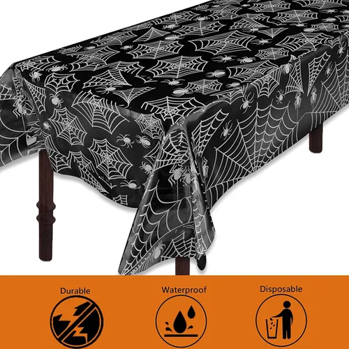 Vista 5 de ATFUNSHOP Mantel de plástico de Halloween, 4 unidades, 54 x 108 pulgadas, mantel rectangular desechable, tela de araña negra, impermeable, a prueba
