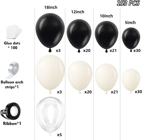 Vista 2 de Kit de 153 globos negros y blancos arena, guirnalda en forma de arco, globos de diferentes tamaños de 18, 12, 10 y 5 pulgadas, confeti negro, crema