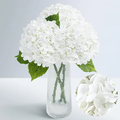 Vista 19 de Flores artificiales de hortensias de tacto real, 2 flores azules y 2 blancas de tacto real, flores de hortensias sintéticas de 21 pulgadas, flores