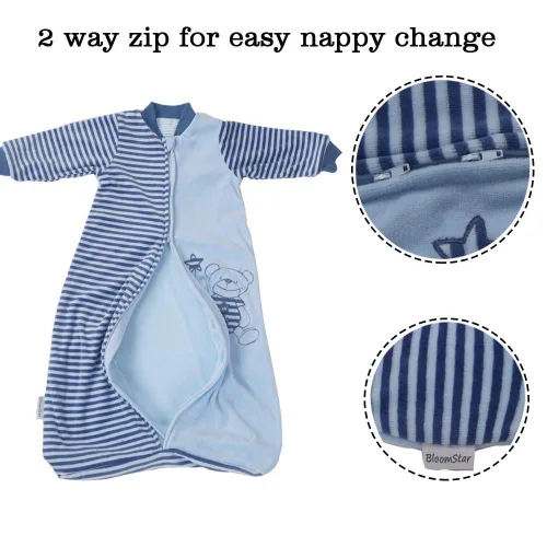 Vista 5 de Tog 2.0 - Saco de dormir para niños pequeños, manga larga, terciopelo de algodón, cálido saco de dormir con brazos para bebé, 4 estaciones, Azul