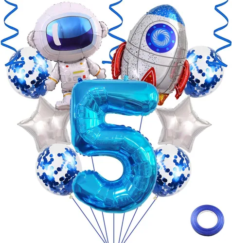 Vista 8 de Globos de cumpleaños de cohete de astronauta, globo de fiesta de espacio exterior, globos gigantes de papel de aluminio de 32 pulgadas, globo azul