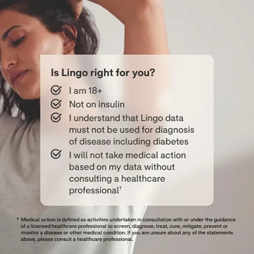 Vista 3 de Lingo Monitor Continuo de Glucosa (CGM) y Aplicación. Fabricado por Abbott. Conozca el impacto de lo que come. 1 biosensor Lingo dura hasta 14