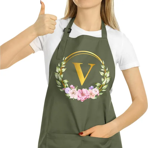 Vista 28 de ROKO CLOTHING Delantal de iniciales personalizadas con bolsillos, delantales de cocina personalizados para mujeres para hornear cocinar cuello
