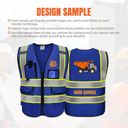 Vista 2 de Chaleco Reflectante Clase 2 de Seguridad ANSI con Bolsillos y Cremallera de Alta Visibilidad Uniforme de Construcción K-azul