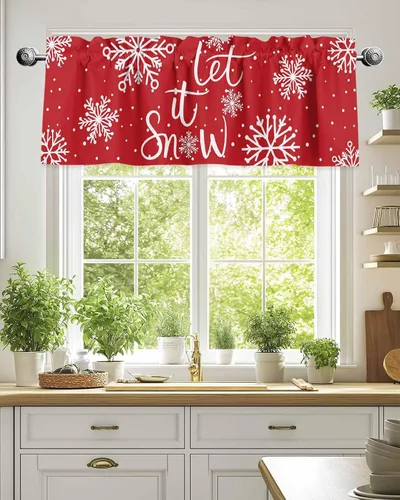 Vista 162 de Cenefa de cortina con lazo rojo de Navidad para ventanas, sala de estar, cocina, baño, granja, bolas de Navidad de acuarela con diseño de bayas