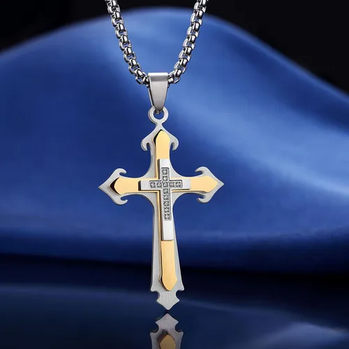 Vista 7 de Dowos Collar de cruz para hombre, collar con colgante de cruz para hombre, acero inoxidable 316L, colgante grande de cruz de Jesucristo, joyería