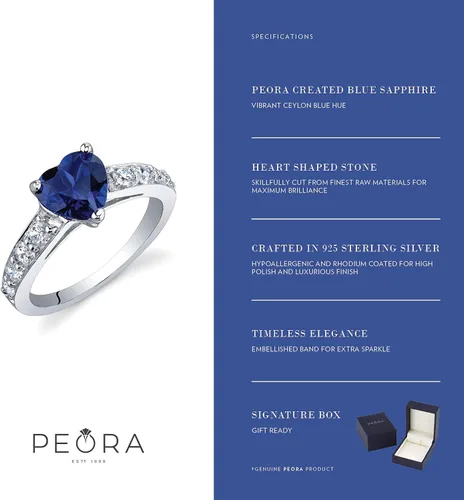Vista 5 de Peora Anillo de promesa de corazón de zafiro azul creado para mujer, plata de ley 925, 1.75 quilates, forma de corazón, 0.276in, ajuste cómodo