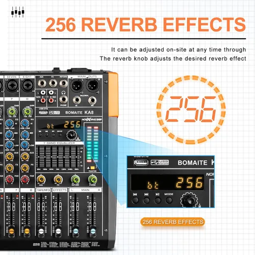 Vista 4 de Mezclador de 8 canales para karaoke, iglesia y fiesta Bluetooth USB Audio Mixer con 48V Phantom Power
