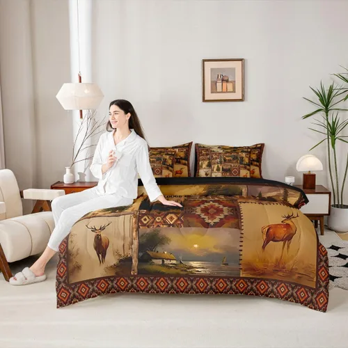 Vista 140 de Feelyou Juego de edredón de ciervo con sábanas – Tamaño Queen 7 piezas Juego de ropa de cama infantil de caza rústica – Cama de ciervo de cabaña