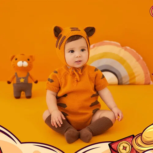 Vista 4 de Gorro de bebé + ropa + calcetines) Traje de gorro de tigre para disfraz de invierno, overol de oreja de animal para 2-6 años, amarillo
