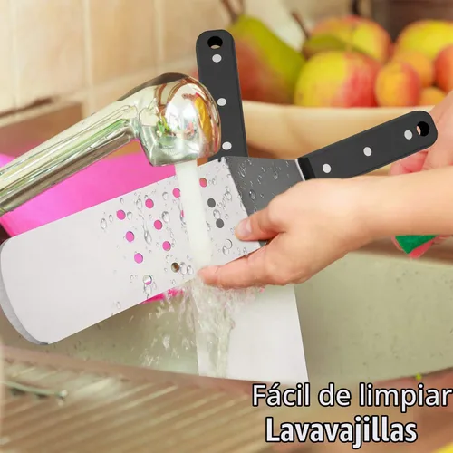 Vista 7 de HaSteeL Espátula de plancha de metal, acero inoxidable larga con mango remachado, girador de hamburguesas perforado resistente y sólido para cocinar