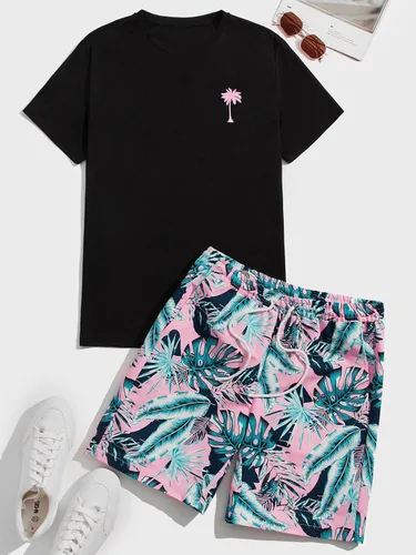 Vista 93 de GORGLITTER Conjunto de 2 piezas de camiseta gráfica de manga corta para hombre, estampado hawaiano con cordón y pantalones cortos