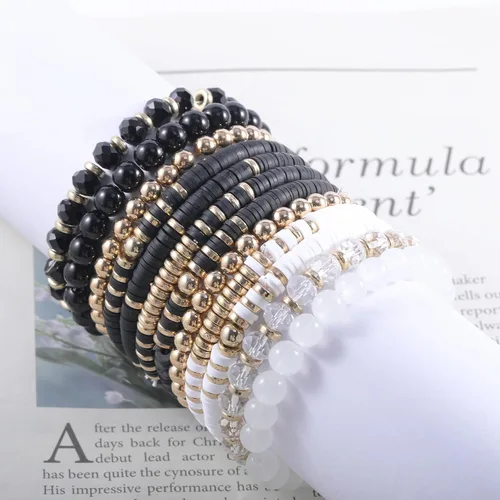 Vista 5 de 14Pcs 12Pcs Heishi Clay Bead Bracelets For Women, Boho Colorful Surfer Stackable Crystal Beads Bracelets Set Summer Beach Jewelry Negro+Blanco