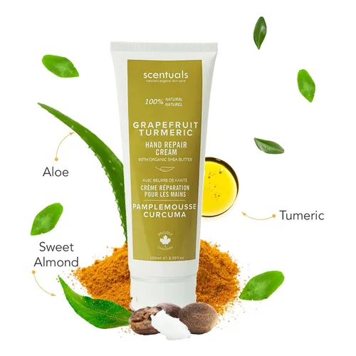 Vista 3 de Scentuals Crema de manos con aceite esencial de pomelo y cúrcuma, manteca de karité, manteca de cacao, aceite de argán y almendras, vitamina E