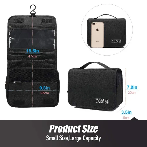 Vista 7 de Neceser de viaje colgante, organizador de cosméticos, bolsa de maquillaje portátil para mujeres y hombres con gancho fuerte y bolsillos, bolsa