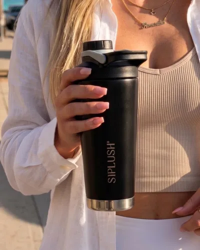 Vista 2 de Paradise Shaker Bottle - Batidor de proteínas de acero inoxidable aislado de 24 onzas con cepillo de tapa y funda protectora, tapa giratoria a