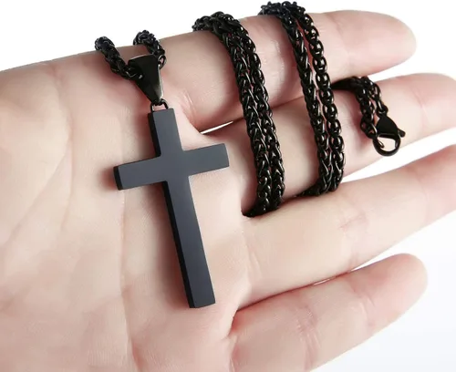 Vista 4 de P. BLAKE Collar con colgante de cruz de acero inoxidable para hombre, colgante de cruz cristiana con cadena de 16 a 24 pulgadas, collar de cruz