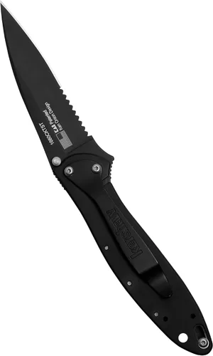 Vista 4 de Kershaw Cuchillo de bolsillo dentado negro; hoja de acero 14C28N parcialmente dentada de 3 pulgadas, mango de acero inoxidable 410 y cuchillo
