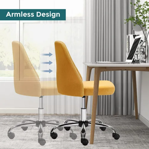 Vista 4 de SMUG VA-76-YL - Silla de escritorio amarilla, moderna y ajustable con ruedas, sin brazos para dormitorio, silla de tocador para sala de maquillaje