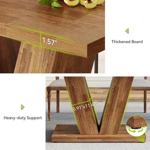 Vista 6 de LITTLE TREE Mesa de comedor de 47 pulgadas para 4, mesas de comedor modernas, mesa de cocina rectangular marrón con pedestal en forma de V, mesa