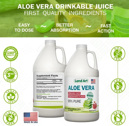 Vista 6 de Land Art Jugo de aloe vera puro – Sabor a granada – Procesado en frío – Filete interior de hojas frescas orgánicas de Texas – Ayuda, 64 onzas