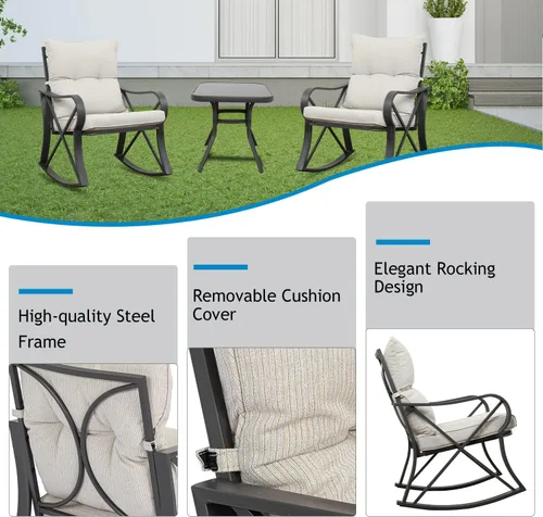 Vista 5 de HOMPUS Juego de 3 sillas mecedoras para exteriores, juego de muebles de mimbre para patio, marco de metal, juego de rocas para patio con cojines