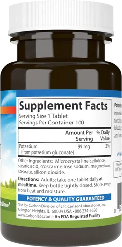 Vista 2 de Carlson Potasio, 99 mg, Salud nerviosa, Función muscular, 100 tabletas