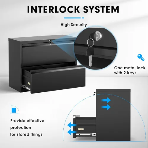 Vista 5 de Pataku Archivador lateral, archivador de 2 cajones con cerradura, archivadores negros para oficina en casa, archivador de metal para colgar
