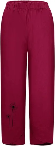 Vista 3 de Pantalones de lino para mujer, largos de algodón y cintura retráctil irregular, pantalones casuales con estampado de diente de león