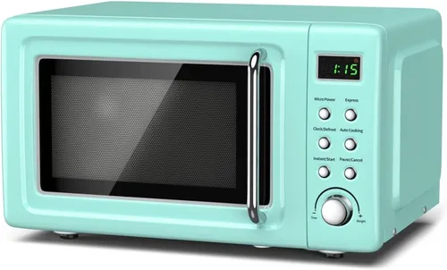 Vista 10 de SIMOE Horno microondas retro crema, 0.7 pies cúbicos microondas compacto de encimera, microondas pequeño de 700 W con pantalla LED, bloqueo