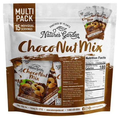 Vista 2 de Nature's Garden Mezcla de Choco nueces, pasas cubiertas de chocolate, mezcla de nueces, almendras, anacardos, sin colesterol, sin sodio, sin