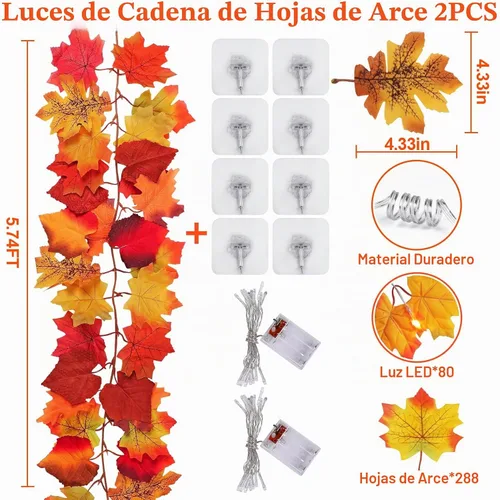 Vista 5 de Paquete de 2 guirnaldas de hojas de otoño con luces, funciona con pilas, decoración de Acción de Gracias Extra Long 23.6Ft Maple Garland with