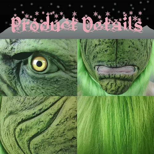 Vista 3 de Christmas Cosplay mask green Cosplay gloves accessory mask Halloween latex full head mask