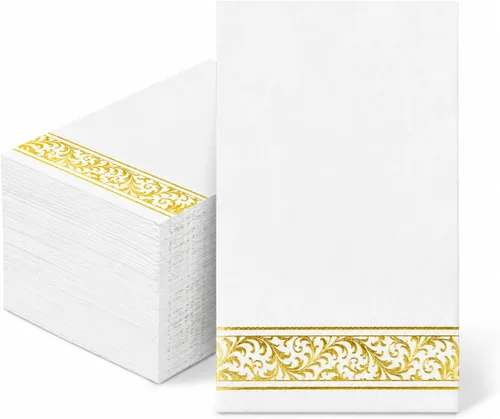 Vista 9 de 200 Servilletas de Papel con Ribete Dorado Negras Elegantes Servilletas de Cena, Servilletas de Invitados de 3 Capas con Papel Dorado Desechables