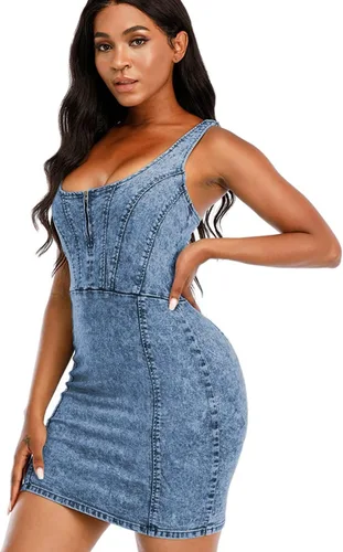 Vista 4 de Vestido de mezclilla para mujer, sexy, cuello en V, ajustado, sin mangas, pantalones cortos