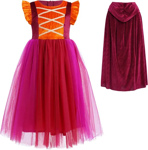 Vista 2 de OBEEII Disfraz de Halloween para niñas, vestido de bruja con capa, peluca de Halloween, trajes de cosplay