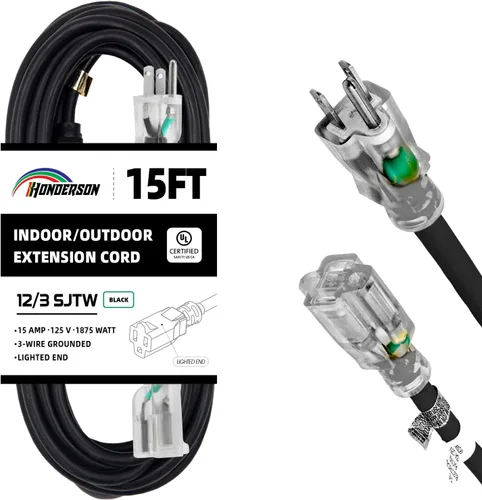 Vista 11 de Cable de Extensión HONDERSON con Extremo Iluminado, Certificado UL, Calibre 10, 1 Pie, Negro, 3 Puntas, Resistente, 10/3 SJTW, 15A, Cable de Energía