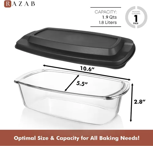 Vista 3 de Razab Sartén grande de vidrio para pan de 7.6 tazas/1.9 cuartos de galón con tapas, sin BPA, tapas herméticas, mango de agarre, fácil de llevar