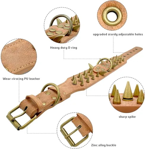 Vista 6 de Collar de perro de cuero con púas de 2 pulgadas, remache afilado antimordidas para perros Pit Bull medianos y grandes, cuello marrón para 14-19