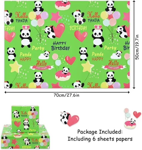 Vista 2 de Juego de 6 hojas de papel de regalo de panda de feliz cumpleaños, plegado plano de 20 x 28 pulgadas por hoja para niños, niñas, niños y mujeres