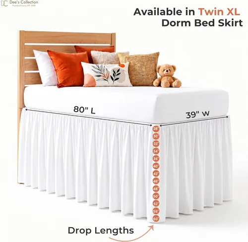 Vista 6 de Dorm Ruffle Twin XL 28" Drop Extra Long BedSkirt, Premium Brushed Microfiber Tailored Drop, Put On Elastic Long Dust Ruffle, Split Corner, Bedroom