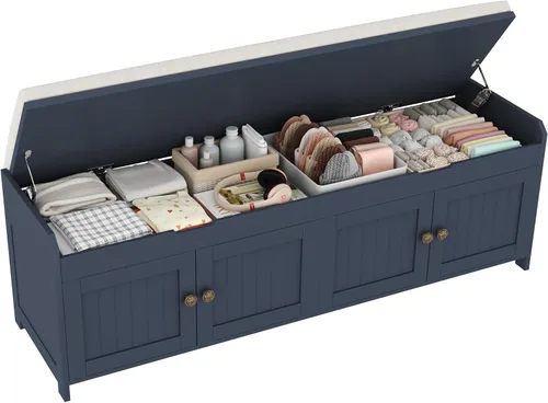 Vista 13 de HOMEFORT Banco para Zapatos de 30" con Almacenamiento de Tapa Elevable, Banco de Entrada con Asiento Acolchado, Banco de Madera para Pie de Cama