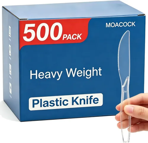 Vista 8 de MOACOCK 200 cuchillos de plástico transparente, cucharas desechables pesadas, cubiertos de plástico, cubiertos de plástico transparente a granel