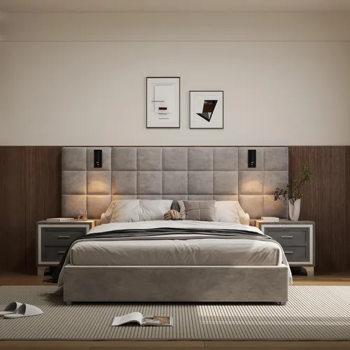 Vista 9 de base de cama de plataforma tamaño queen con 1 mesita de noche de conjunto 1+1, elegante cama tapizada de terciopelo con cabecero acolchado