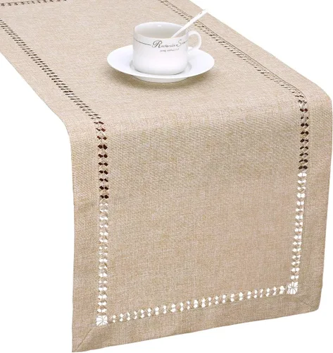 Vista 8 de Grelucgo - Camino de mesa o bufanda para aparador con dobladillo hecho a mano, color beige, rectangular de 14 por 36 pulgadas