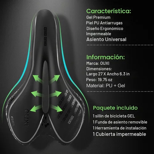 Vista 2 de OUXI Asiento de Bicicleta Cómodo Sillín de Bicicleta de Gel Cómodo de Repuesto Suave Acolchado con Absorción de Impactos Impermeable para MTB Negro